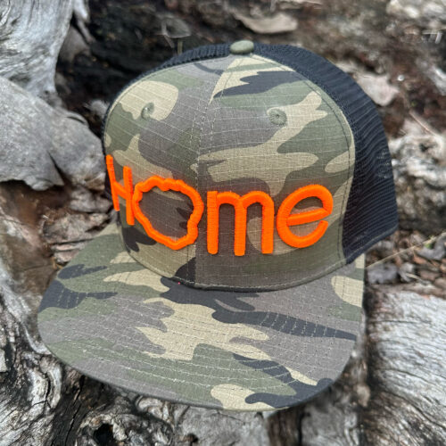 Home green camo with orange 3D embroidery front