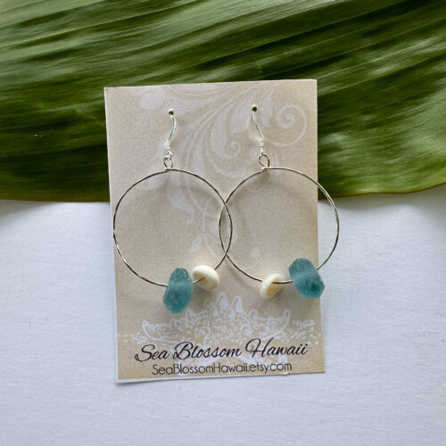 sterling silver blue sea glass puma shell earrings