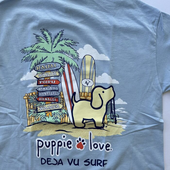 light blue puppie love print deja vu surf