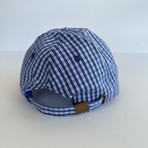 blue plaid adjustable fabric strap with metal snap